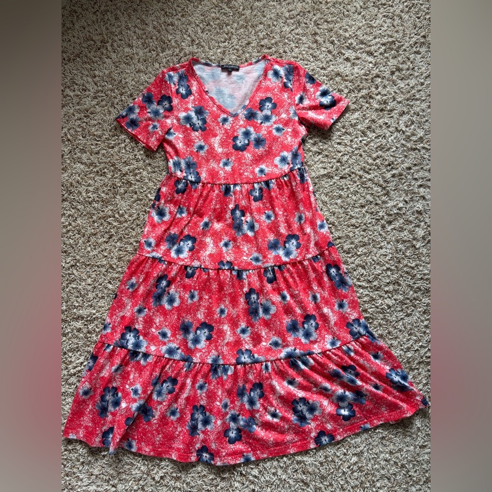 Berydress Elegant Floral Red and Blue Midi Dress